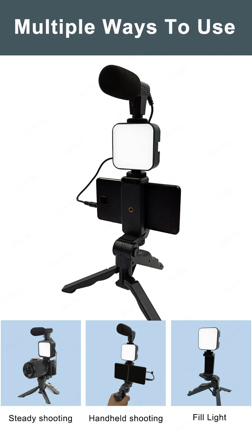 5 in 1 Vlogging Kit with Light Microphone Tripod